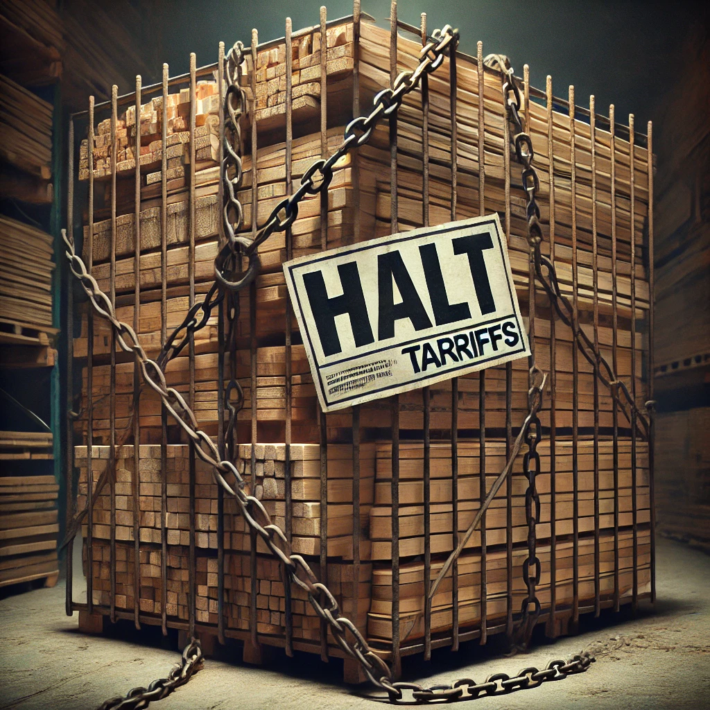 A stack of lumber in a cage with a sign that says "Halt! Tariffs" representing 2025 tariffs and their impact on manufactured housing.
