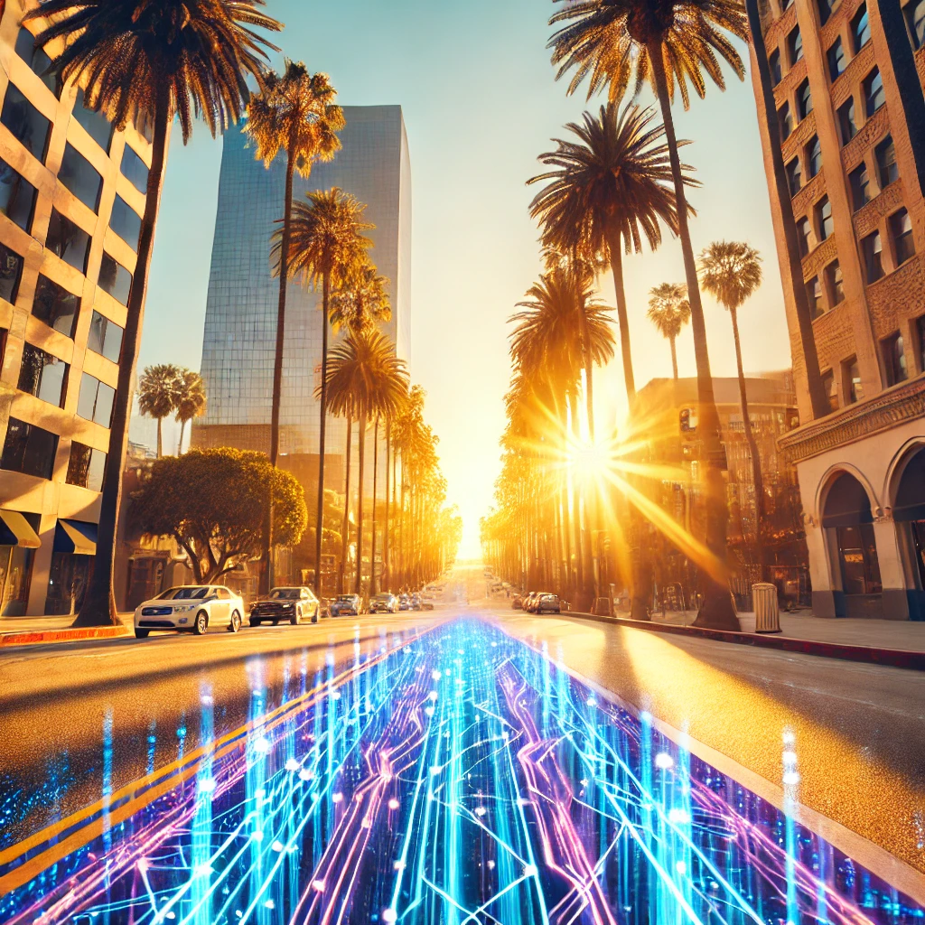 Lines of code and tech under sunny Los Angeles street representing managed IT services in Los Angeles.