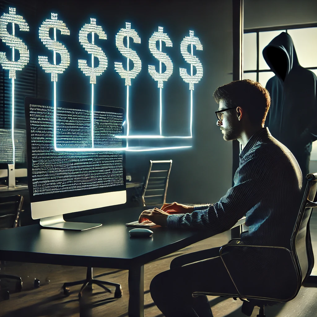 An employee is the victim of a phishing attack. The cyber threat is lurking in the doorway watching what the employee is doing.