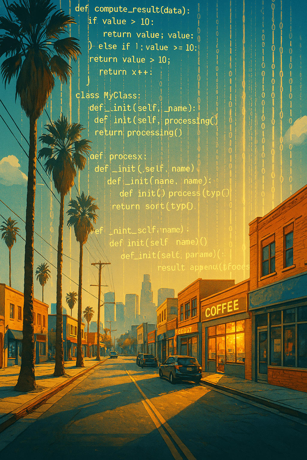 Sunny LA street with lines of code streaming into small businesses.