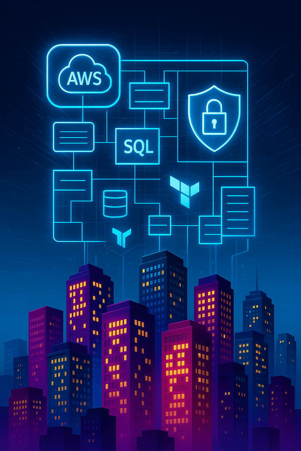 Futuristic digital illustration of a glowing tech infrastructure blueprint suspended above a modern city skyline. The blueprint features icons for AWS, SQL Server, Terraform, and security shields, all interconnected with neon blue lines. Below, high-rise buildings in deep magenta and navy tones glow with yellow and white-lit windows, symbolizing real-time deployment, visibility, and cloud integration in the commercial real estate tech industry.