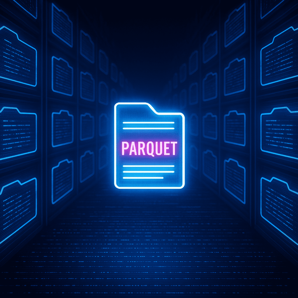 A glowing white digital file labeled "PARQUET" in bright magenta floats in the center of a futuristic, blue-lit data archive. Rows of blue file icons line the walls, creating a dramatic, tunnel-like effect reminiscent of a high-tech library or data vault. The scene conveys speed, efficiency, and modern data storage.