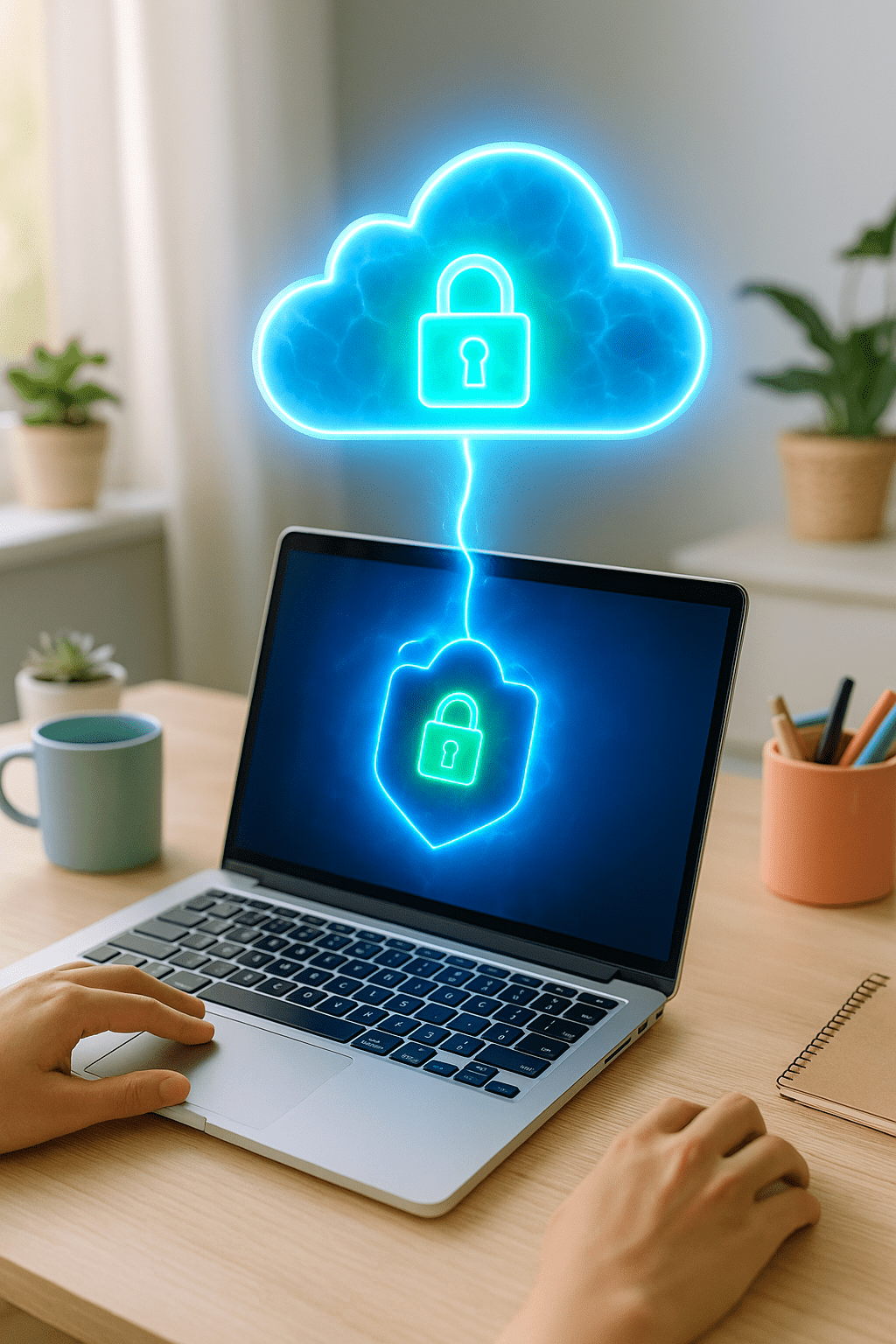 A realistic digital illustration shows a well-lit modern office desk with a glowing laptop. Bright blue light streams from the laptop frame, funneling upward into a large cloud hovering above. The cloud glows from within with blue and white lightning-like effects and features a bright green lock symbol at its center, representing cloud security.
