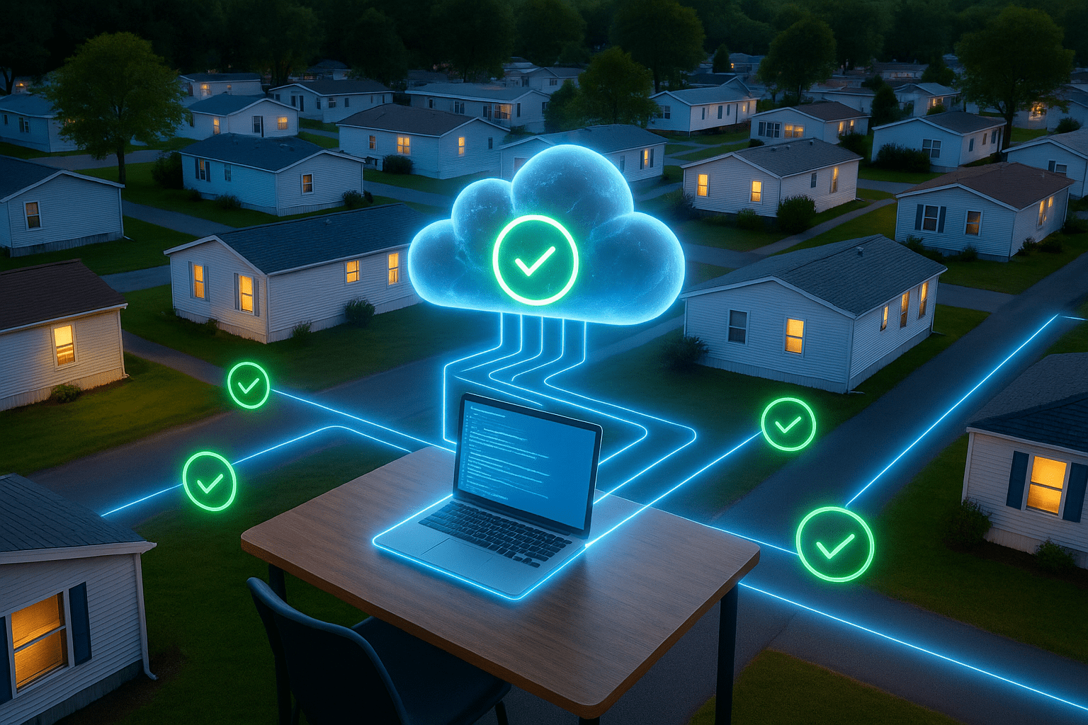 A digitally enhanced aerial image of a manufactured housing community at dusk. Glowing blue and white lines run along the ground, connecting each home. Floating above the lines and between the homes are bright green checkmarks, symbolizing secure and connected IT infrastructure throughout the community.