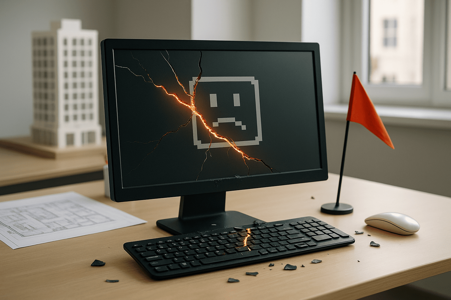 A desktop computer sits on a desk in a bright real estate office. The monitor screen is cracked, displaying a vintage pixelated sad face icon like the old Mac crash screen. Shards of the broken screen are scattered across the keyboard and desk. Behind the computer, a small red flag is propped up, symbolizing a warning or issue. The scene reflects system failure or tech strain in a professional setting.