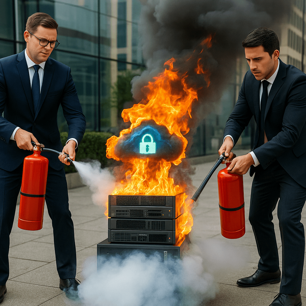 Two professionally dressed firefighters in business suits extinguish flames engulfing a glowing IT tech stack, symbolizing a corporate response to a technology crisis.