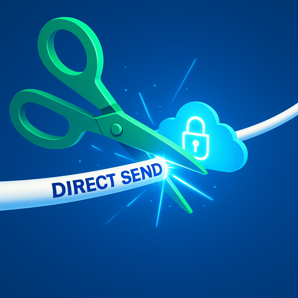 A bright digital illustration shows large glowing green scissors cutting through a thick glowing blue cable labeled "Direct Send," symbolizing the shutdown of the email function.
