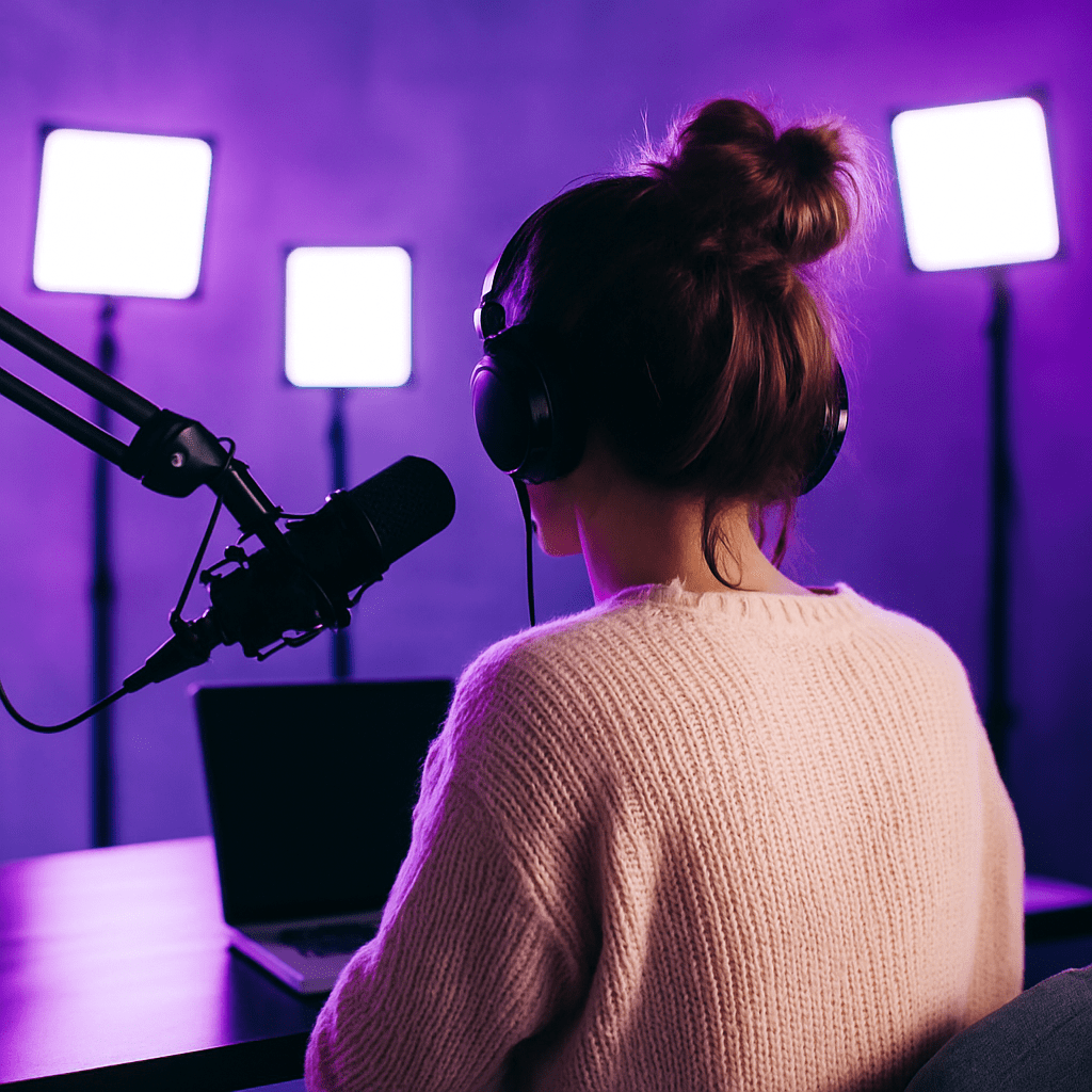 A podcaster sits in a neon purple and white–lit studio, her back to the camera. She wears a cream-colored cardigan and a messy bun while recording into a professional microphone. A laptop screen in front of her displays the Castos podcasting software interface.