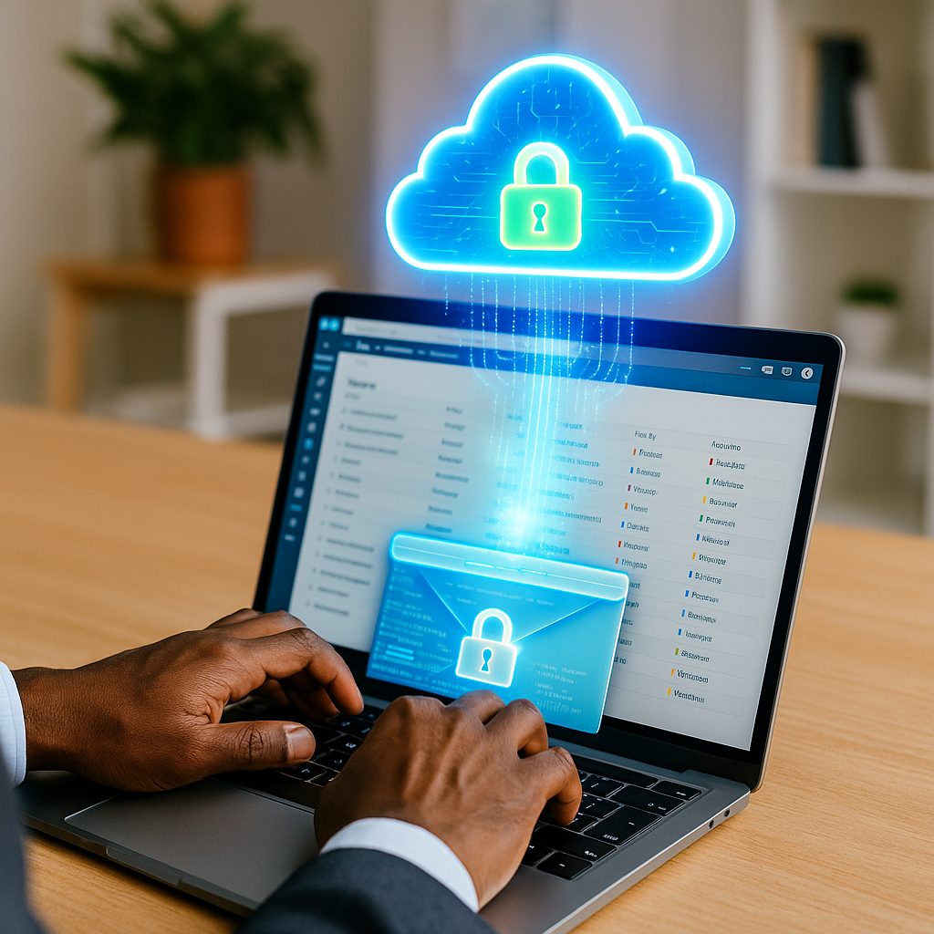 A realistic photograph of hands in a suit typing on a laptop. Above the laptop, a glowing cloud funnels streams of data and code into the screen, which displays a CRM interface. The cloud features a glowing green lock symbol in the center, representing secure cloud data integration.
