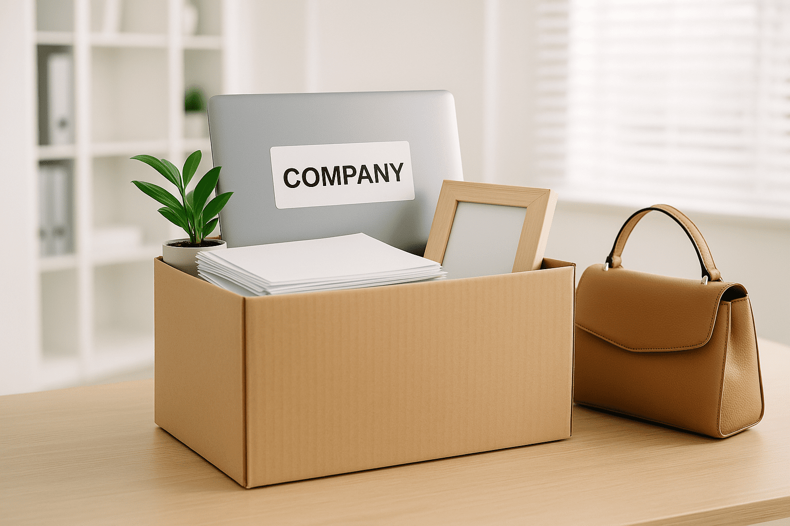 Cardboard box on an office desk with a company laptop, papers, plant, and personal items, symbolizing employee offboarding and the importance of an IT checklist for secure data management.
