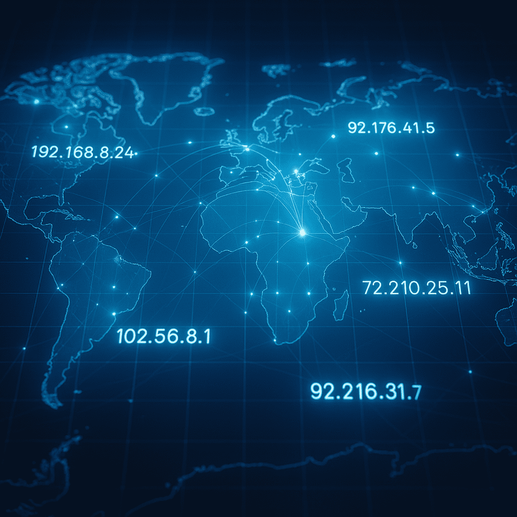 A glowing digital world map with bright blue network lines and nodes connecting across continents. Several semi-transparent IP addresses, such as 192.168.8.24, 102.56.8.1, 92.176.41.5, 72.210.25.11, and 92.216.31.7, float above different regions, symbolizing global IP connectivity and digital tracking.