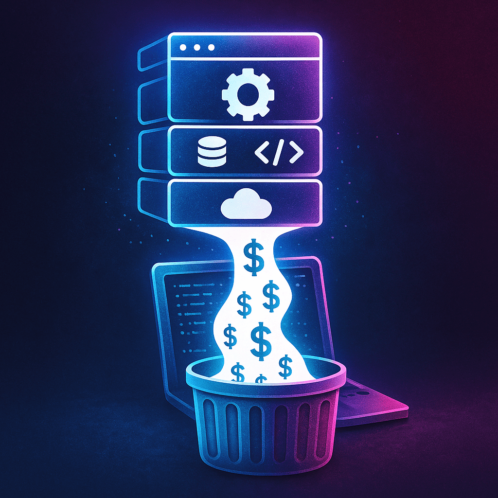 A glowing, stylized tech stack made of blue and purple server icons hovers above a glowing silver trash can. White, liquid-like lines stream from the stack into the can, filled with bright blue dollar signs, symbolizing wasted IT spend. A laptop sits in the background, emphasizing the digital environment.