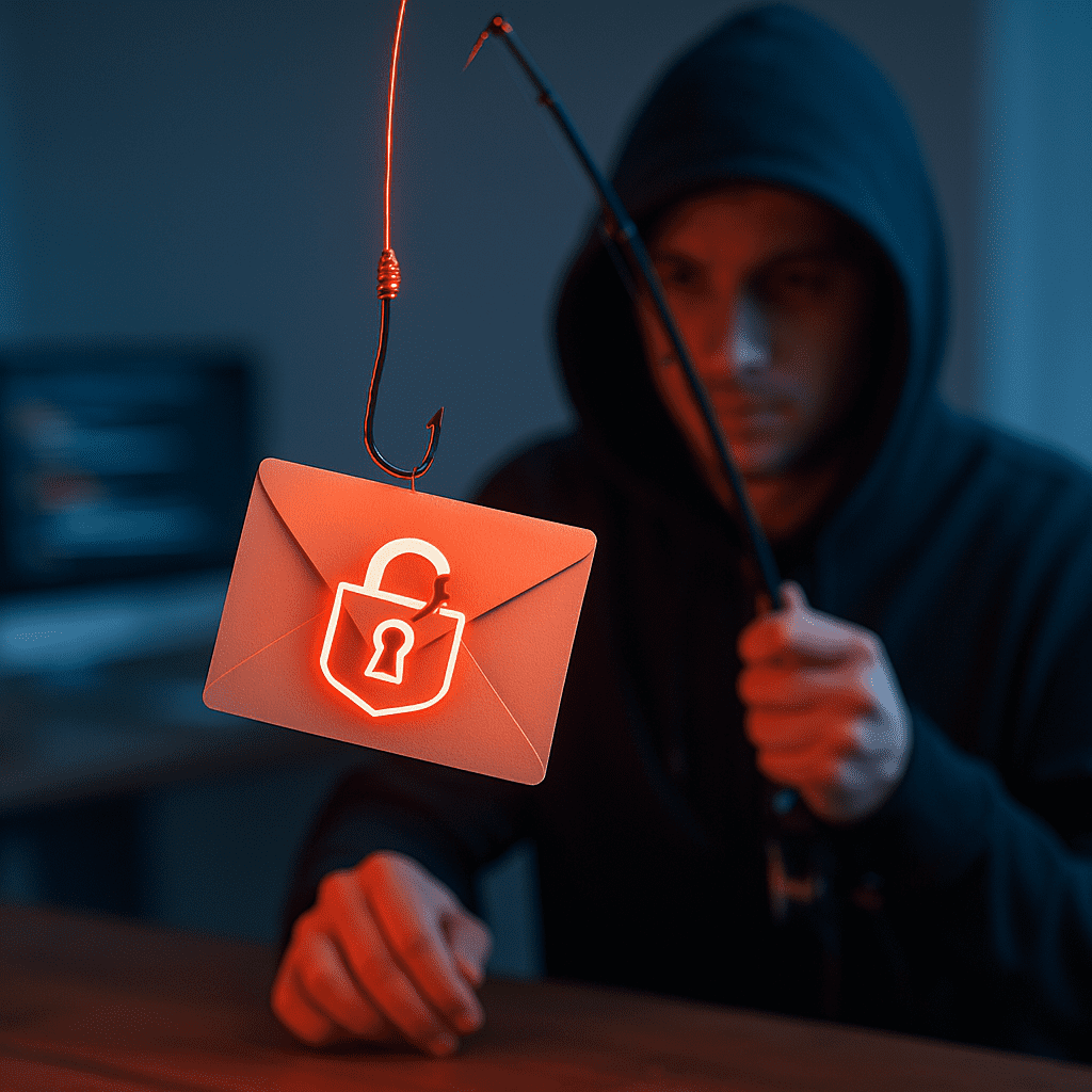 A realistic digital image shows a hacker in a dark hoodie reeling in a large email envelope with a glowing broken lock symbol on its front. The envelope dangles from a red, glowing fishing line, symbolizing a phishing attack. The background is dimly lit with computer code faintly visible, emphasizing the cybercrime theme.