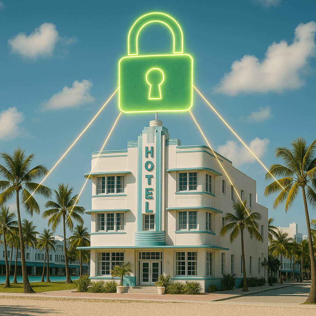 Art Deco hotel on Miami Beach’s Ocean Drive with a glowing green padlock hovering above it, symbolizing Hotel Cybersecurity protection.