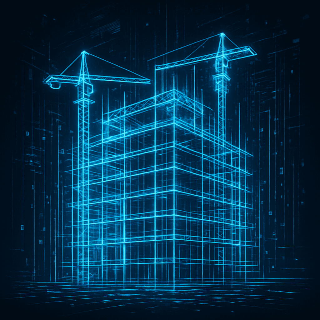 Futuristic digital illustration of a high-rise building under construction, surrounded by glowing neon blue scaffolding made of circuit-like lines and data streams. Two cranes extend above the structure against a dark background, symbolizing reverse engineering and cybersecurity visibility.