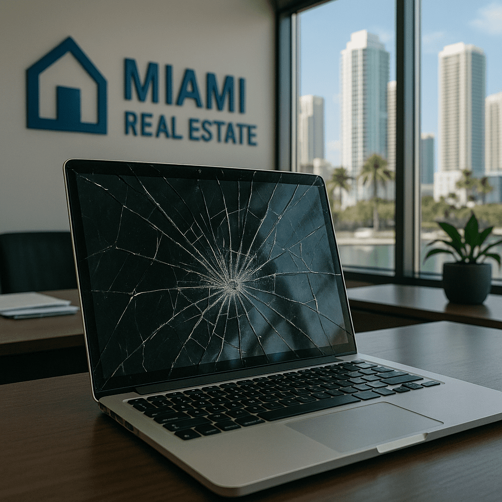 A broken laptop with a shattered screen sits on a desk inside a Miami real estate office. Large windows reveal palm trees and high-rise buildings outside, symbolizing IT challenges faced by real estate firms.