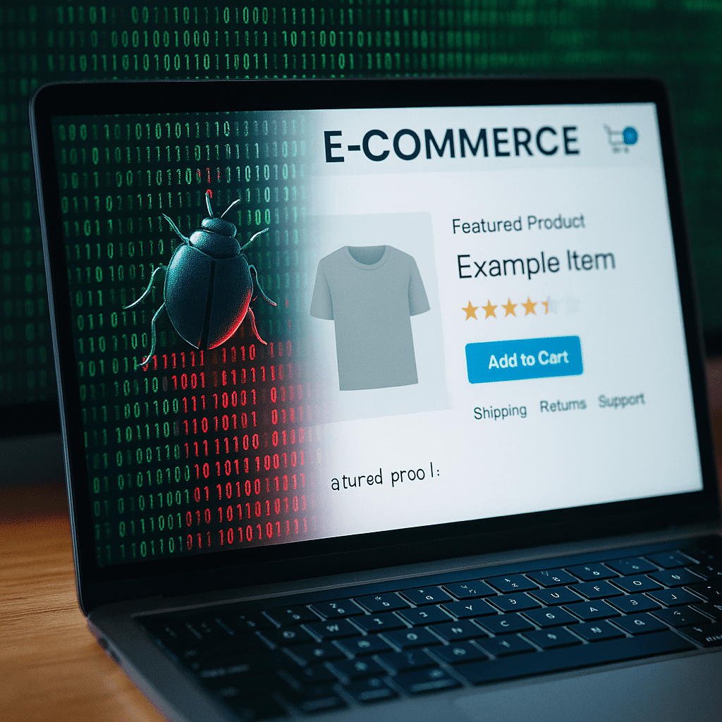A bright, high-resolution photo of a laptop displaying an eCommerce website. The site interface is translucent, revealing green code in the background. A large digital bug crawls across the screen, leaving behind a trail of red malicious code as it consumes the green code, symbolizing a cybersecurity threat to online shopping.