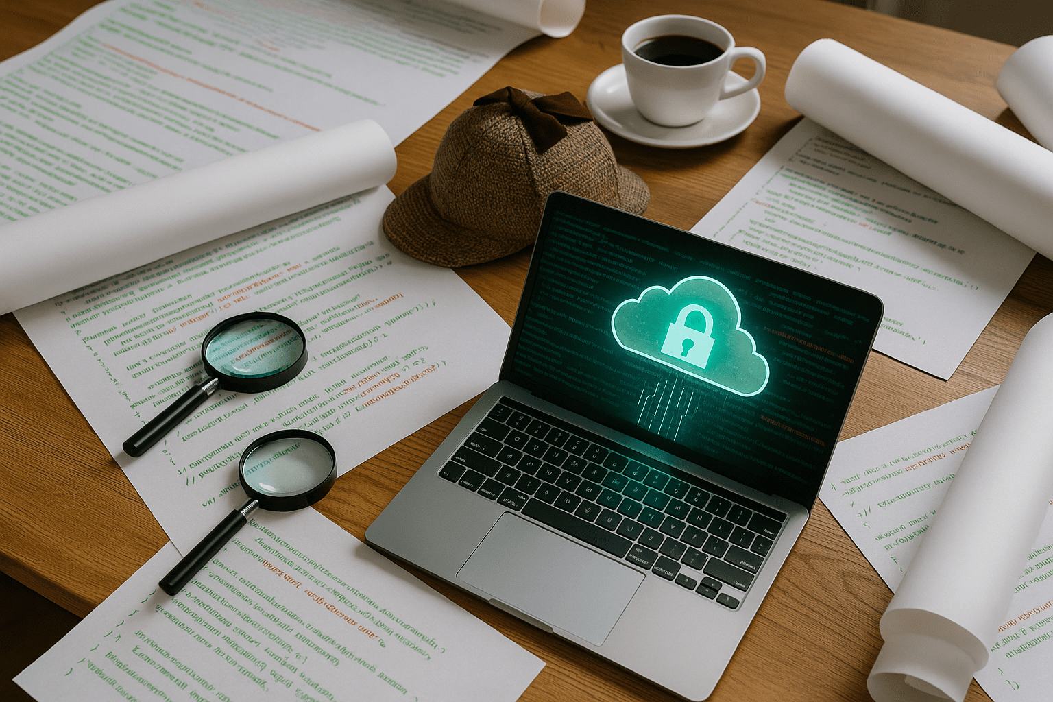 A detective-themed wooden desk covered in large rolls of paper displaying glowing green code with some red malicious code. Two magnifying glasses and a coffee cup sit on the desk, symbolizing investigation work. The scene represents cybersecurity analysis tied to CheckoutChamp.