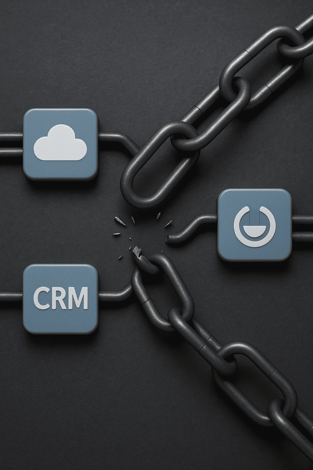 A realistic digital illustration of interconnected app icons linked by metallic chains. A cloud icon, a CRM icon, and a plug icon are connected, but the chain link in the center is broken, with small metal shards flying outward. The intact links are solid steel, while the broken link symbolizes a weak integration that compromises the whole system. The background is dark and textured, highlighting the broken chain.