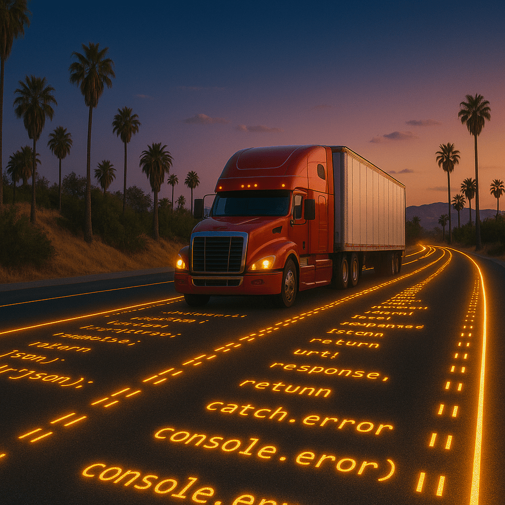 A red 18-wheeler truck drives along a California highway lined with glowing neon yellow road markings and glowing lines of computer code. Palm trees and golden desert hills frame the bright blue sky, symbolizing the intersection of technology and logistics.
