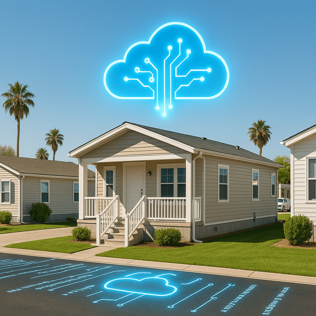 A sunny manufactured housing community with neatly arranged homes and palm trees. Above one home, a glowing blue digital cloud with circuit-like lines represents smart technology and cloud connectivity in modern housing.