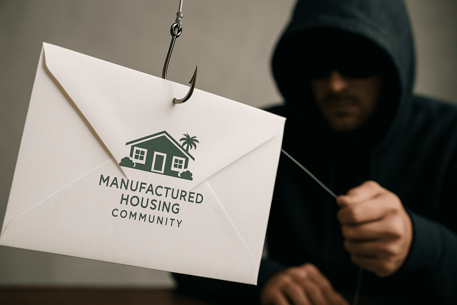 A realistic photo shows a white envelope labeled “Manufactured Housing Community” hooked by a fishing line. In the background, a hooded figure reels it in, symbolizing a phishing scam targeting housing communities.