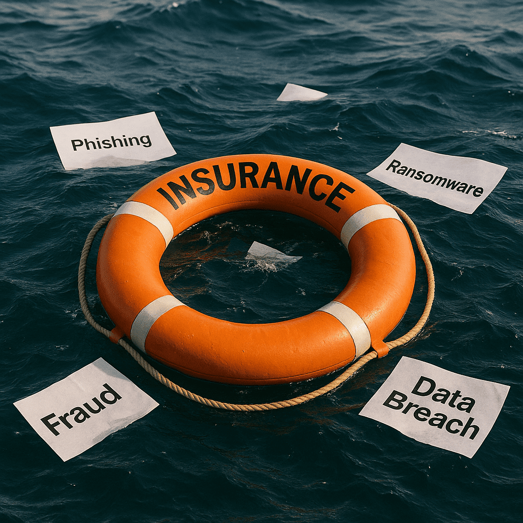 Alt text: A bright orange life preserver labeled “INSURANCE” floats on choppy blue water surrounded by sheets of paper reading “Phishing,” “Ransomware,” “Fraud,” and “Data Breach,” symbolizing protection from cyber threats.