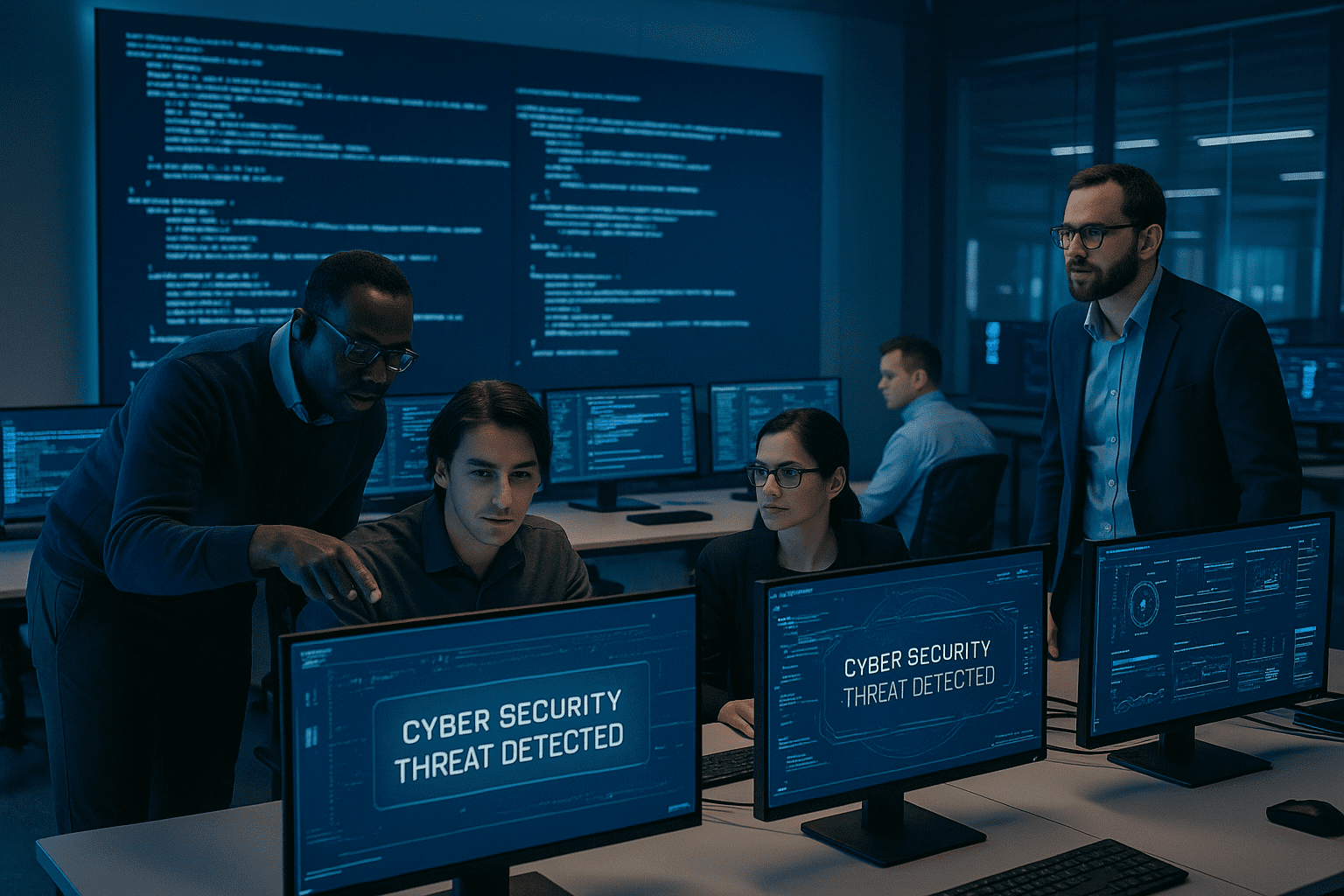 A modern cybersecurity operations center with diverse IT professionals of different races and nationalities collaborating at workstations. Large monitors display “Cyber Security Threat Detected” and code on a giant wall screen, creating a high-tech, blue-lit atmosphere of teamwork and focus.
