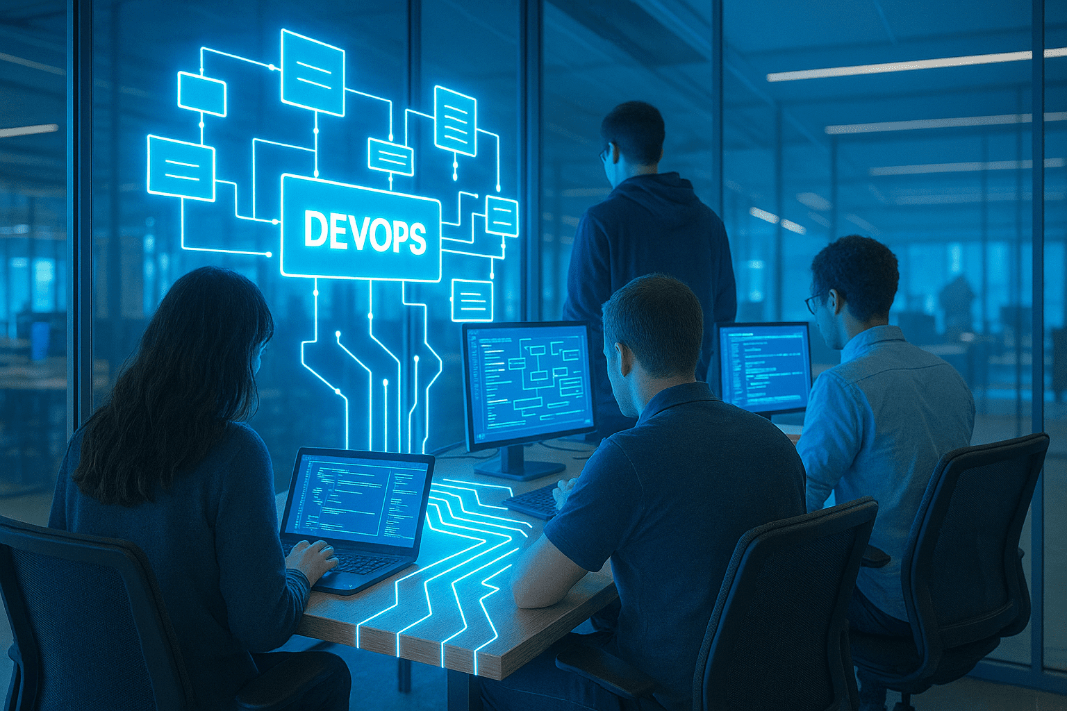 A small DevOps team works in a bright, modern office, viewed from behind. Blue holographic circuits and workflow diagrams connect their computer screens, with a glowing “DEVOPS” display symbolizing automation, collaboration, and speed in a futuristic tech environment.