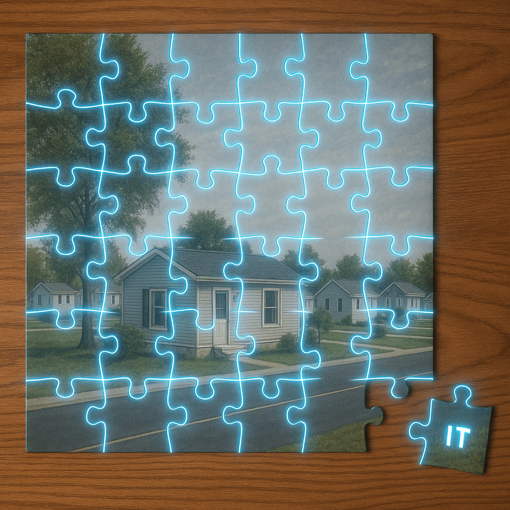 Realistic image of a jigsaw puzzle depicting a manufactured housing community on a wooden table. The puzzle’s connecting lines glow brightly in neon blue, creating a high-tech effect. One piece labeled “IT” is missing from the lower right corner and sits nearby, symbolizing technology as the final piece that completes the picture.
