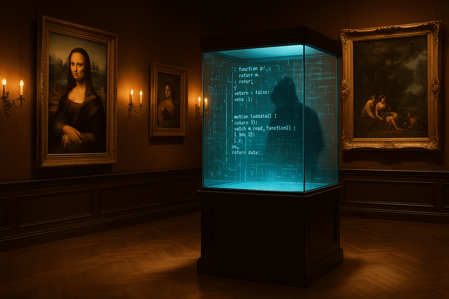 A dimly lit museum gallery filled with famous paintings under warm golden light. At the center, a glowing glass display case emits streams of digital code, with the faint reflection of a hooded hacker visible on its surface, symbolizing a cyber heist.