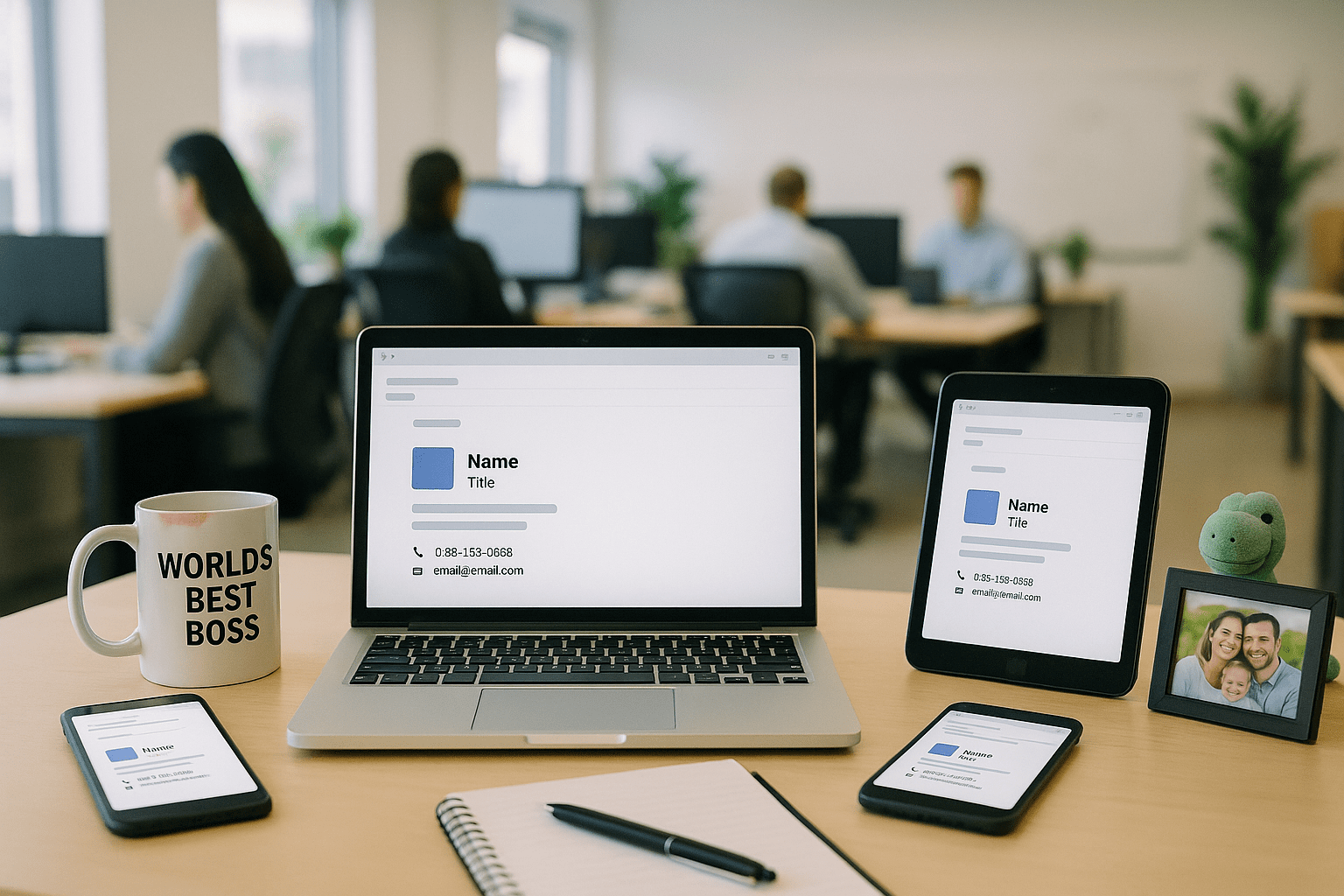 A bright, modern office scene with a light wooden desk in the foreground displaying a laptop, tablet, and smartphone, each showing the same clean, unified email signature on their screens. On the desk sits a white coffee mug reading “World’s Best Boss” with a faint lipstick stain on the rim, a spiral notepad with a black pen, a framed family photo of three smiling people, and a small green dinosaur plushie. In the background, slightly out of focus, several employees work at their desks, giving the space a calm, productive atmosphere.