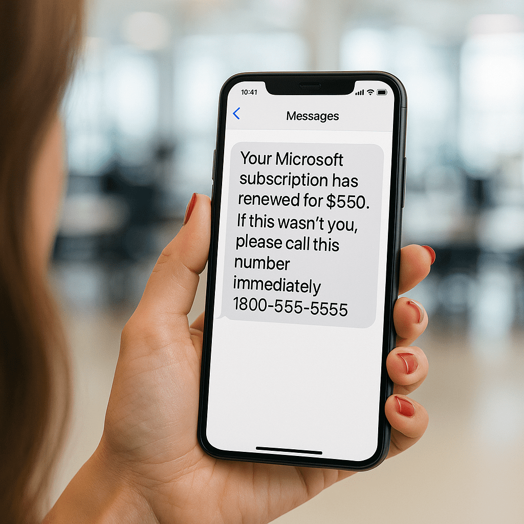 Close-up of a woman’s hand with red painted nails holding a smartphone. On the screen is a scam text message that reads, “Your Microsoft subscription has renewed for $550. If this wasn’t you, please call this number immediately 1800-555-5555.” The background is a bright, modern office blurred out of focus.