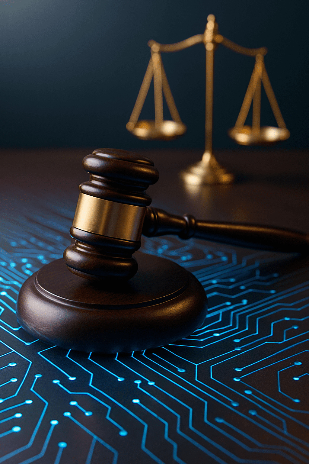 A wooden judge’s gavel rests on a desk illuminated with glowing blue circuit lines, symbolizing the intersection of law and cybersecurity. In the background, blurred golden scales of justice add a legal, authoritative tone.