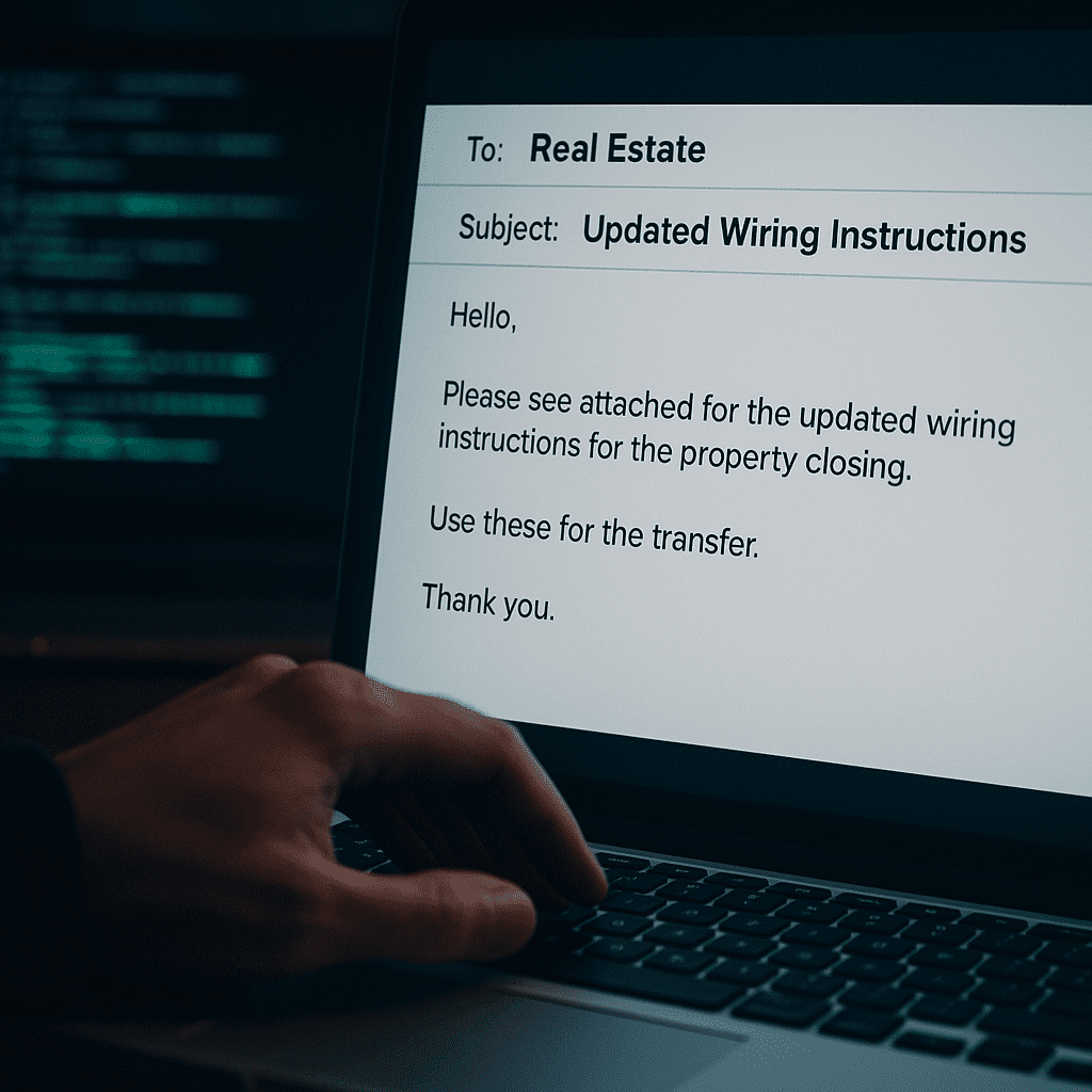 A cybercriminal types a fake real estate email with the subject line “Updated Wiring Instructions” on a dimly lit computer screen. The background glows with lines of code, creating a tense, realistic atmosphere that highlights the human side of wire fraud risk.
