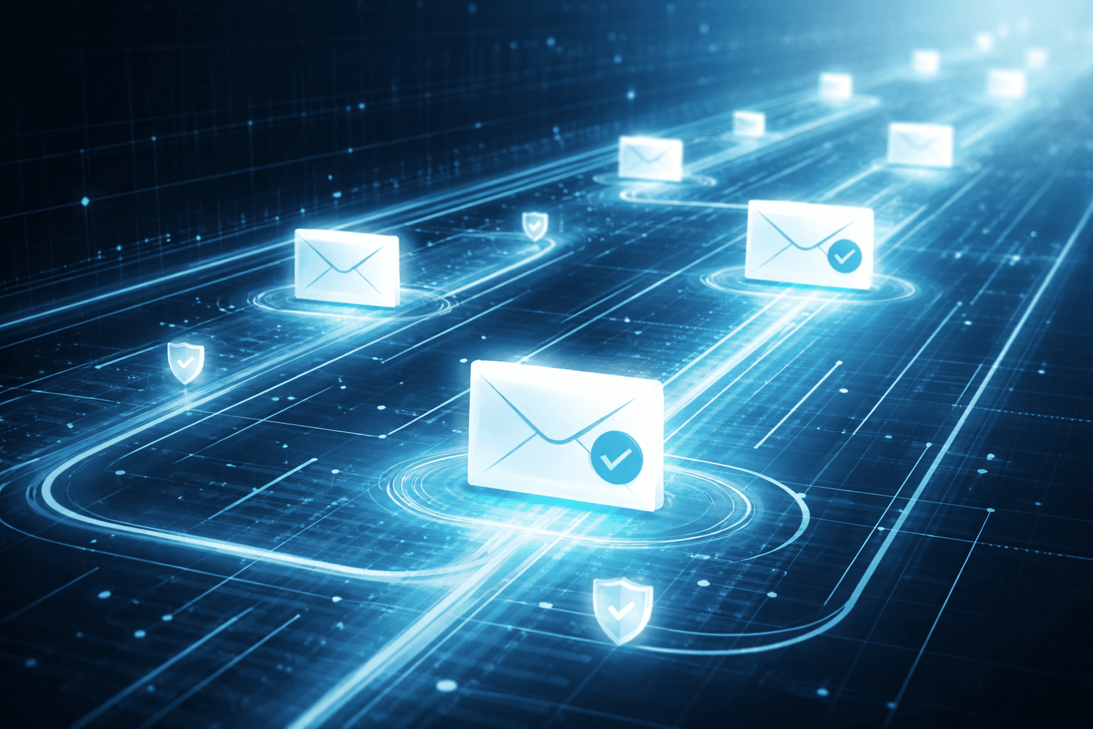 Abstract illustration of email messages moving through a structured digital network with grid lines and verification icons, representing secure email infrastructure.