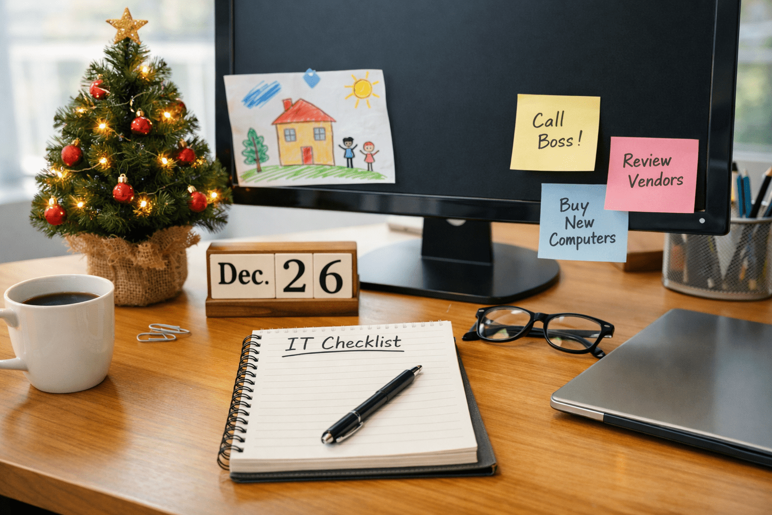 A bright office desk after the holidays with a small Christmas tree, a calendar reading Dec. 26, and a handwritten notepad titled “IT Checklist,” suggesting year-end planning.