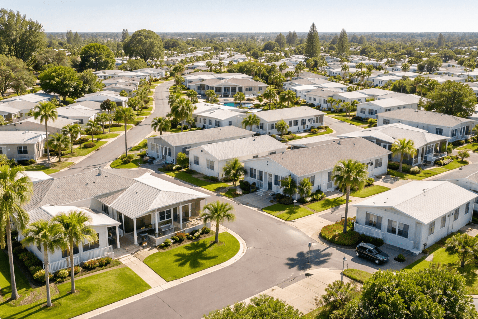 Aerial view of a well-maintained manufactured housing community with rows of homes, green landscaping, and quiet streets in daylight.