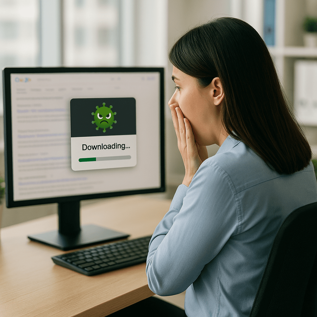 A woman sitting at a desk in a brightly lit office stares at her computer screen with her hand covering her mouth in shock. The monitor displays a blurred search results page with a pop-up showing a green cartoon virus and the word “Downloading…,” suggesting a malicious file is installing.