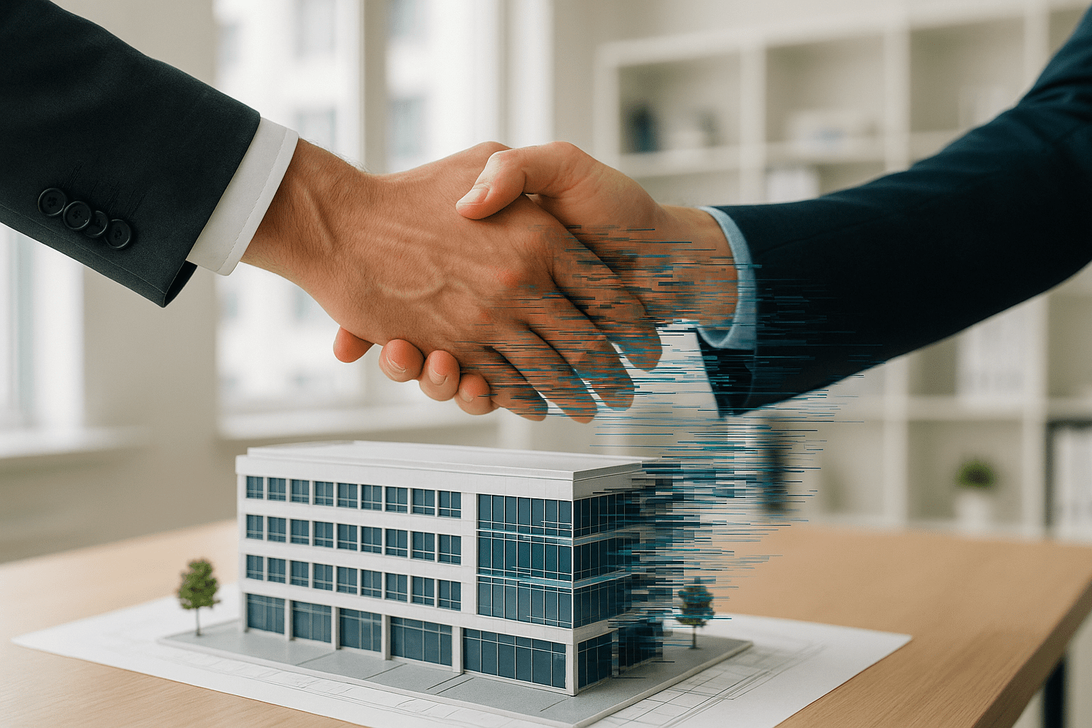 Two professionals reach to shake hands over a scale model of a commercial building in a bright real estate office. The building model glitches digitally, symbolizing a real estate deal falling apart due to cyber risk.