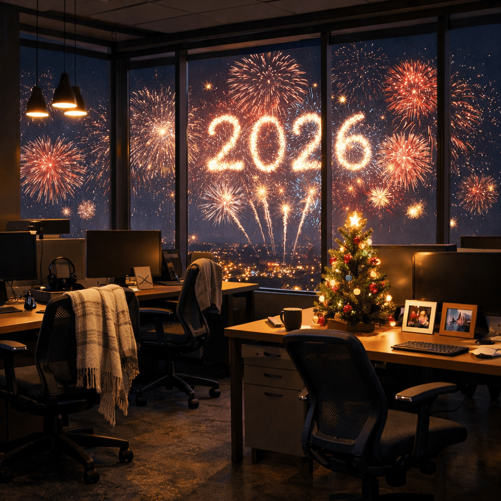 An empty open-concept office at night with desks and rolling chairs slightly pulled back. A blanket is draped over one chair, headsets rest on desks, and framed photos sit beside a small lit Christmas tree. Large windows reveal New Year’s fireworks outside, glowing against the dark sky as 2026 approaches.
