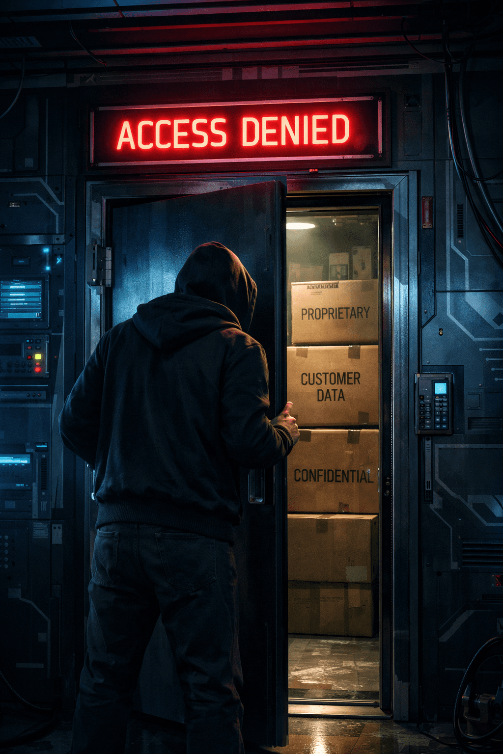 A man in a black hoodie opens a high tech metal door under a glowing red “Access Denied” sign, revealing a storage room filled with stacked boxes labeled “Proprietary,” “Customer Data,” and “Confidential,” suggesting a security breach in a futuristic facility.