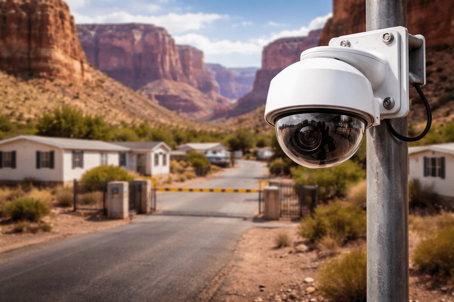 a single Ubiquiti surveillance camera protecting an Arizona manufactured housing community.