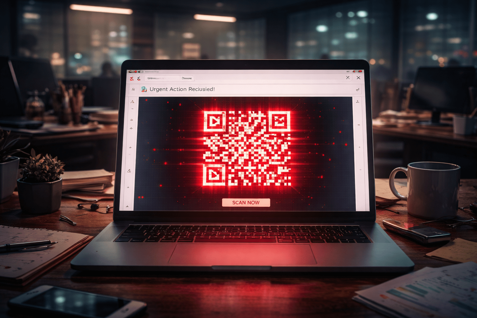 Open laptop on a cluttered office desk at night displaying an email with a large glowing red QR code and “Scan Now” button. The dim office background shows empty desks, coffee mugs, papers, and monitors, suggesting a full workday has just ended.
