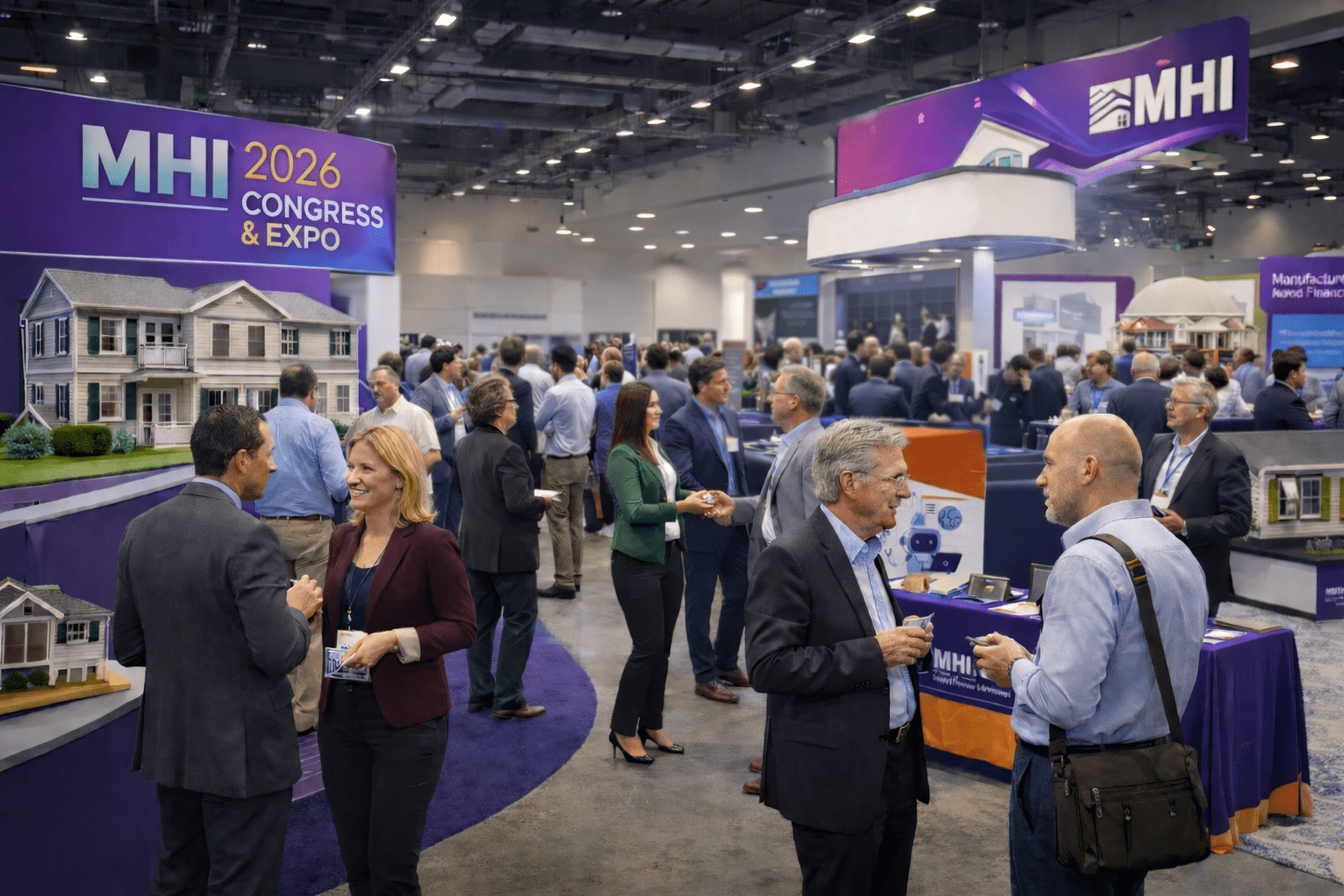 Busy expo floor at the MHI 2026 Congress & Expo with professionals networking among booths, manufactured home models, and a Network Thinking Solutions display.