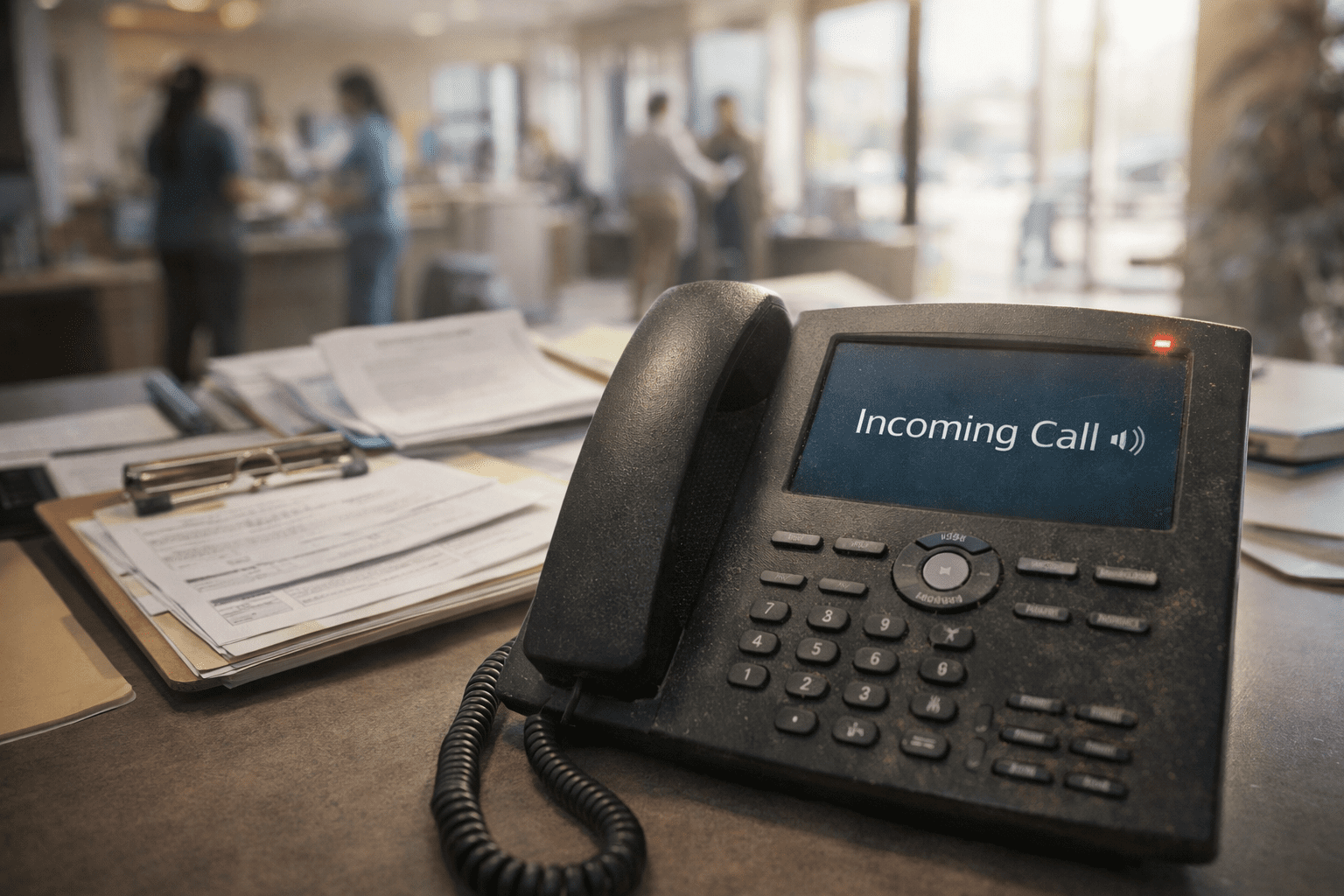 Dusty desk phone showing “Incoming Call” in a busy manufactured housing leasing office, with papers in the foreground and staff assisting residents in the background.