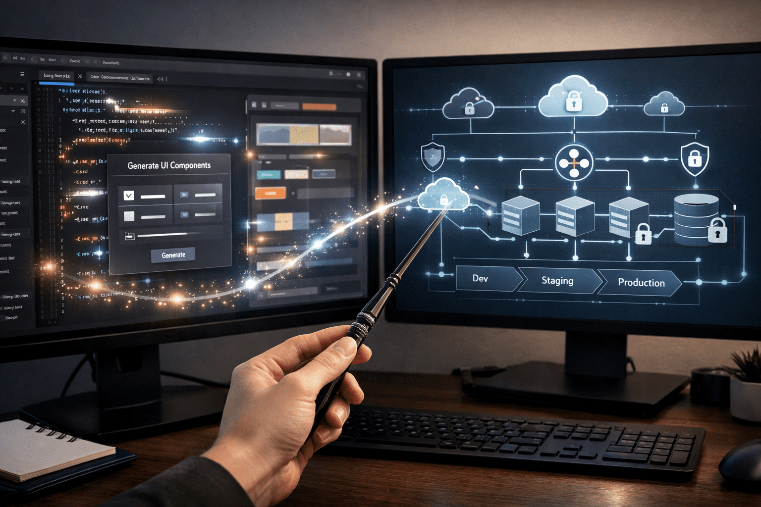 Hand holding a subtle glowing magic wand in front of a modern dual-monitor desk setup at dusk. The left screen shows an AI-assisted code editor (vibe coding) generating app components, while the right screen displays a structured cloud architecture diagram with network lines, security icons, and deployment pipelines, symbolizing moving from creative build to secure production.