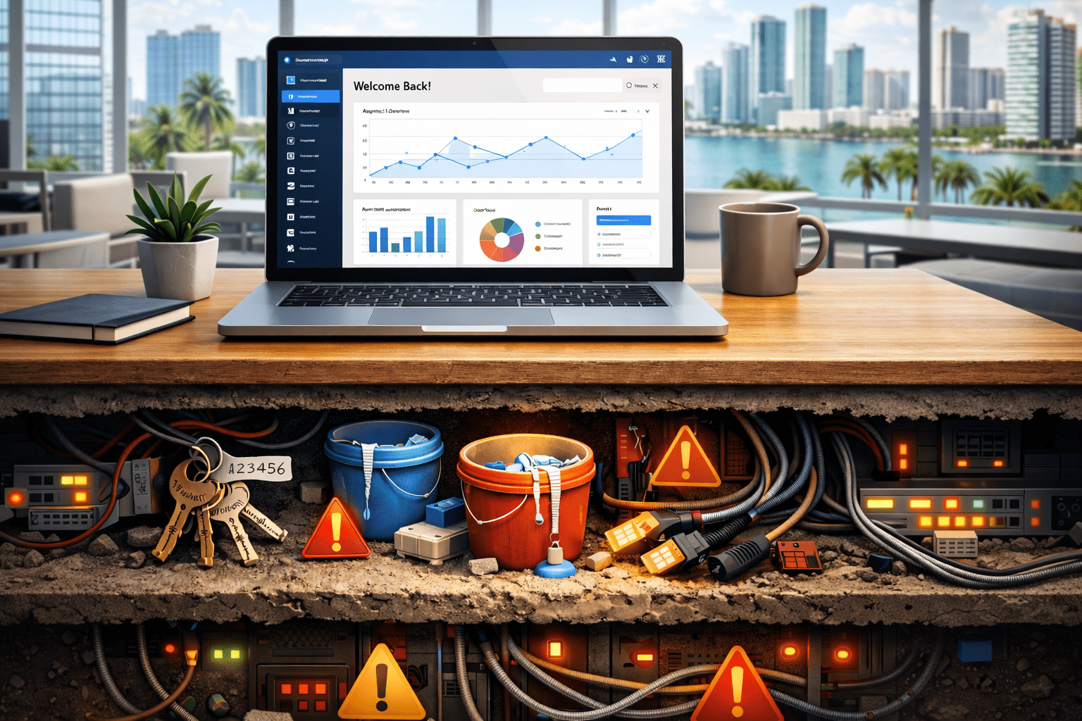 Illustration of a laptop running a web app on a desk with a cutaway view below the surface revealing hidden cybersecurity risks in vibe coding such as exposed password keys, open storage buckets, loose network connections, and warning symbols.
