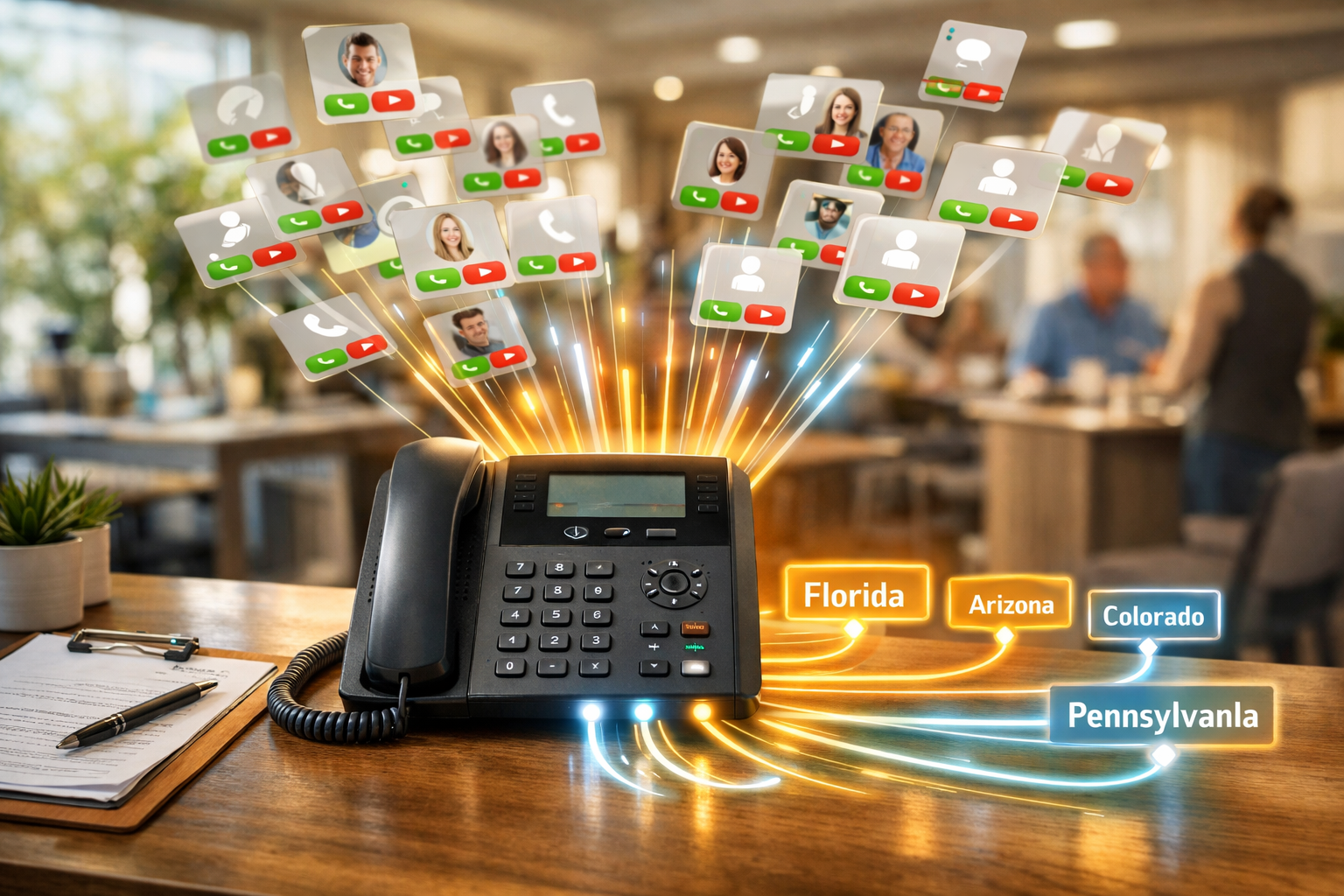 A phone system funnels brightly lit callers into their correct places, showing a unified caller experience.