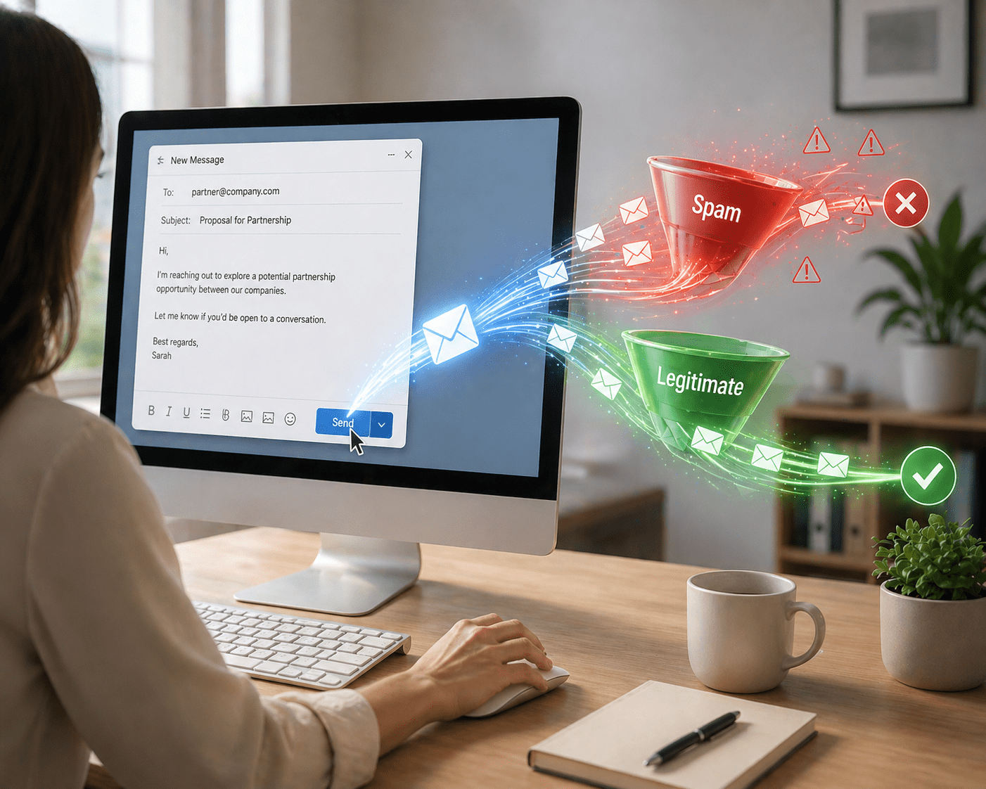 A woman uses a desktop computer at a clean, well-lit office desk with a plant nearby, her hand on the mouse as the cursor clicks “Send” on an email. A glowing envelope flows out of the screen and splits into two paths—one red funnel labeled “Spam” with warning icons, and one green funnel labeled “Legitimate” with checkmarks—visually representing email filtering and deliverability.